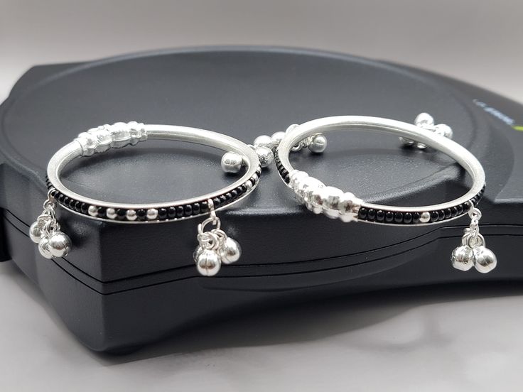 Silver Black Beads Baby Kangan with Ghungroo