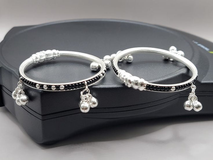 Silver Black Beads Baby Kangan with Ghungroo
