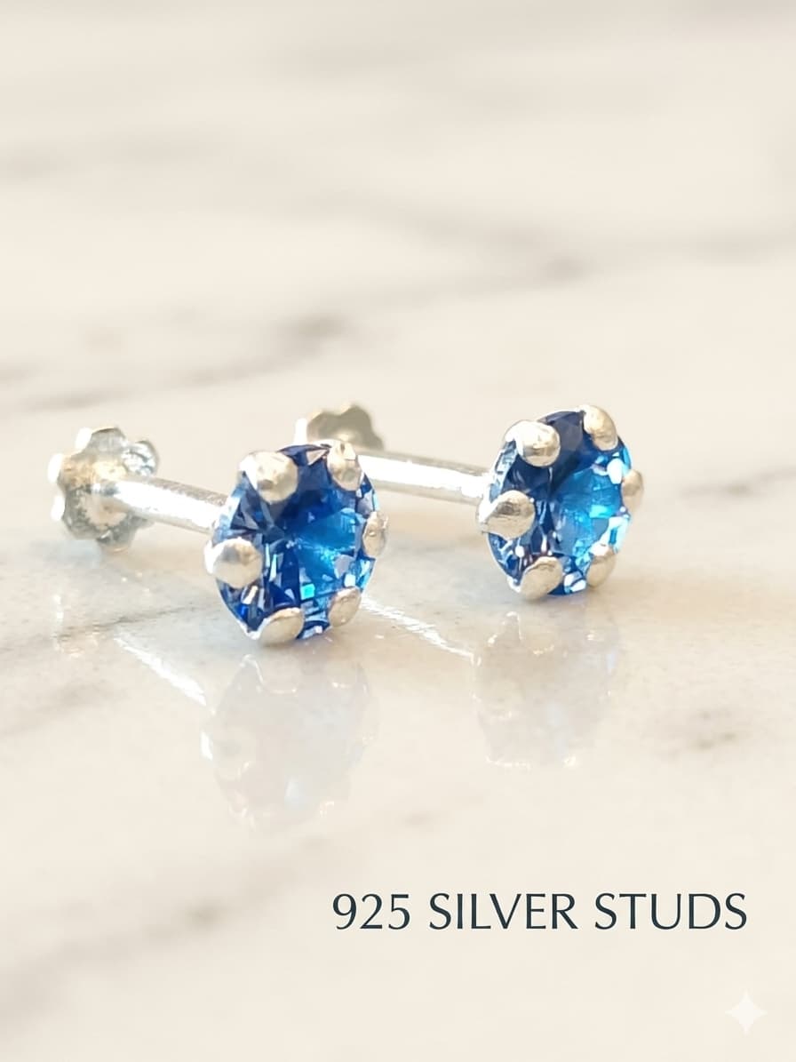 Ocean Blue Zircon Solitaire Studs in 925 Sterling Silver