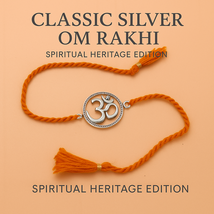 Classic Silver Om Rakhi with Saffron Thread – Spiritual Heritage Edition
