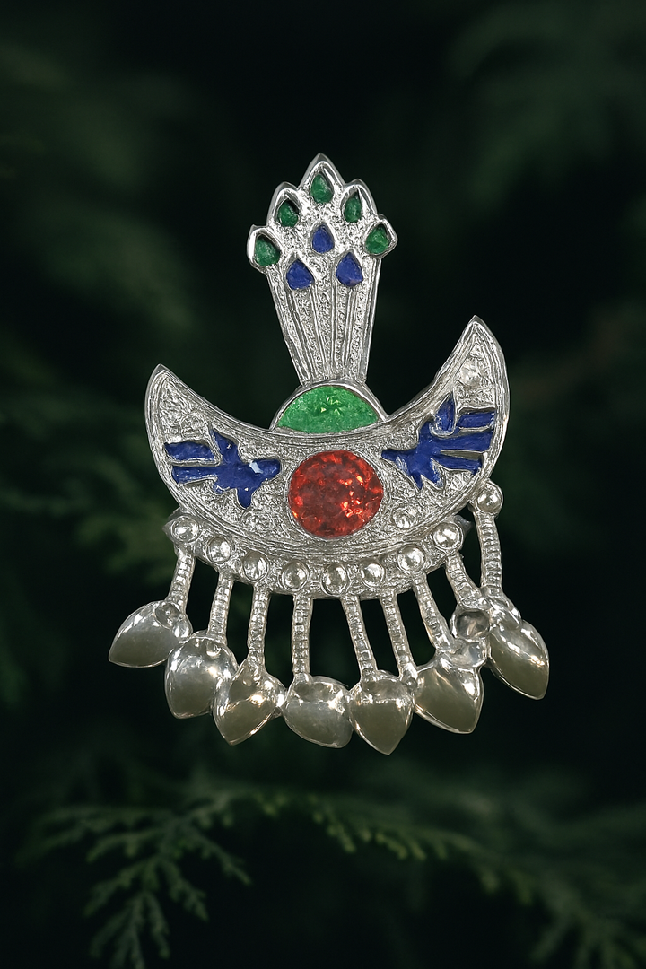 Traditional Himachali Silver Kalgi – Crescent Design with Enamel & Gemstone