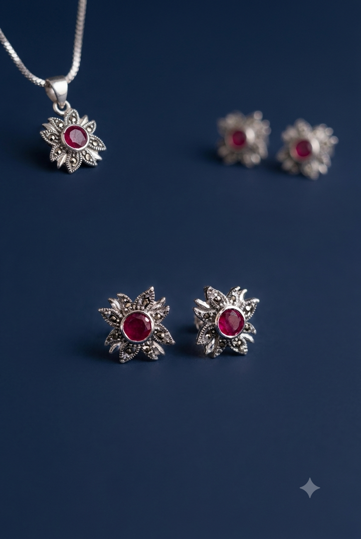 925 Sterling Silver Vintage Red Stone & Marcasite Floral Stud Earrings