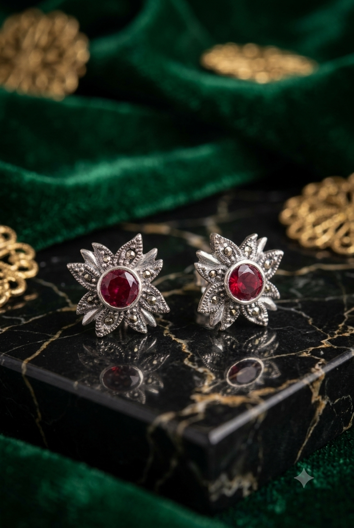 925 Sterling Silver Vintage Red Stone & Marcasite Floral Stud Earrings