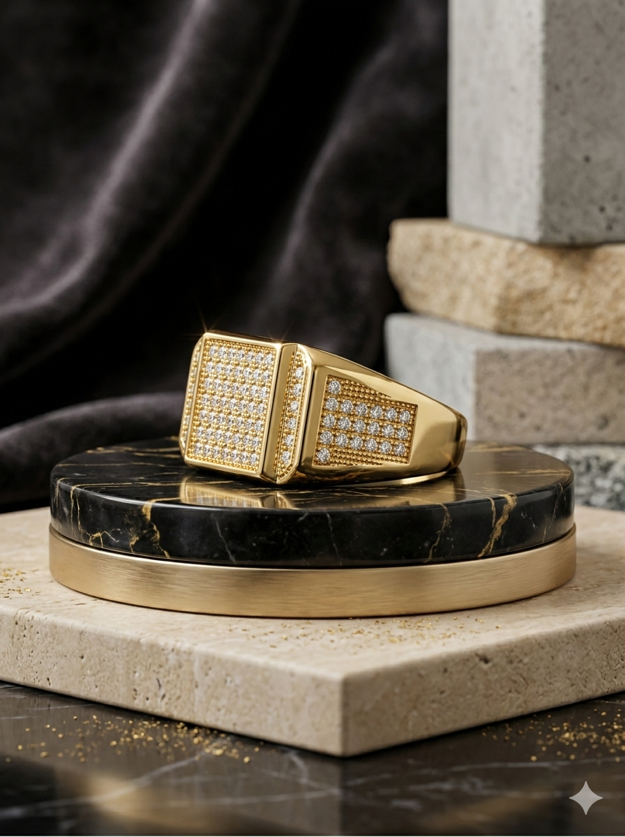 Royal Gilded Rectangular Statement Ring: Premium Textured Finish