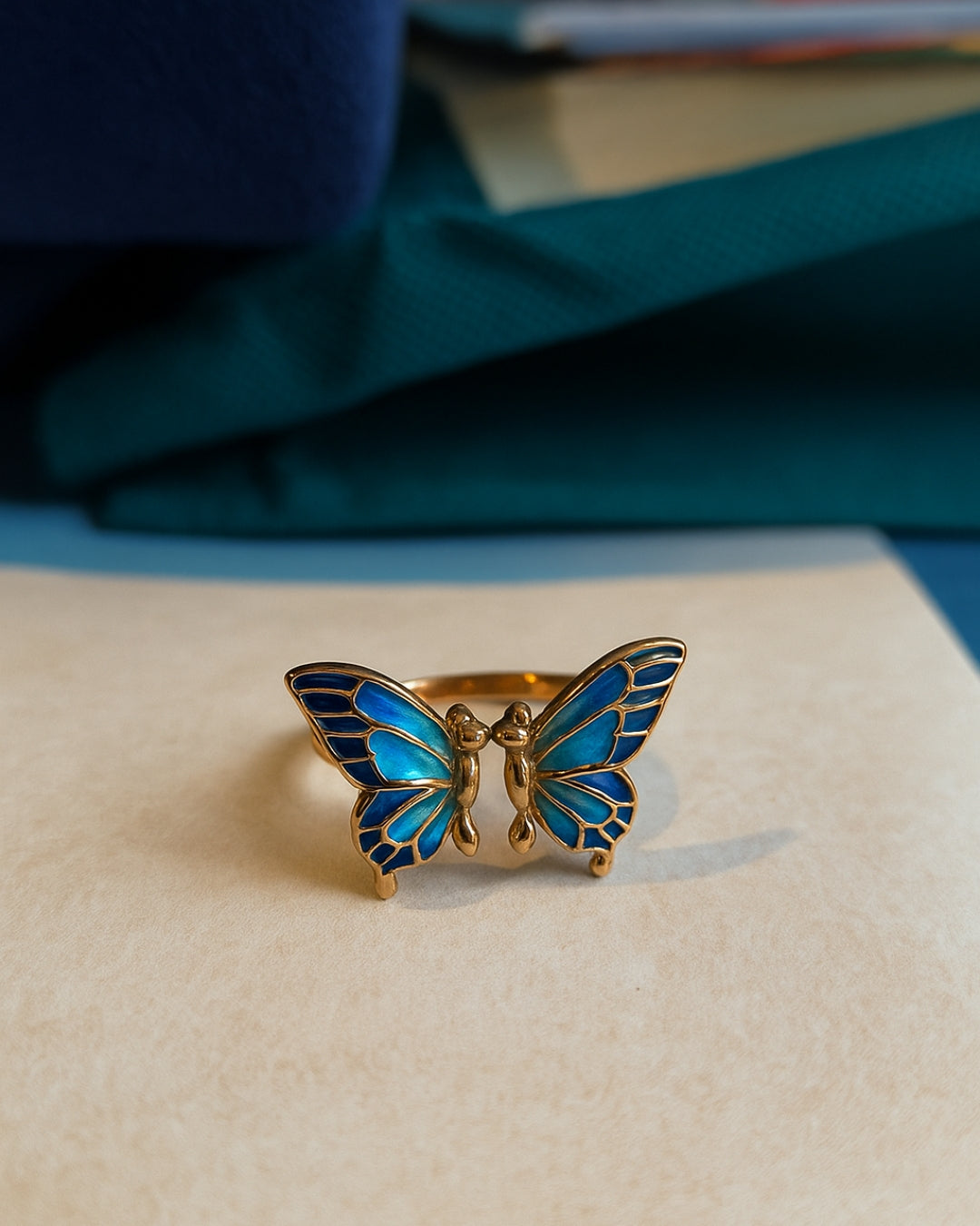 Butterfly Blue Enamel Gold Vermeil Ring