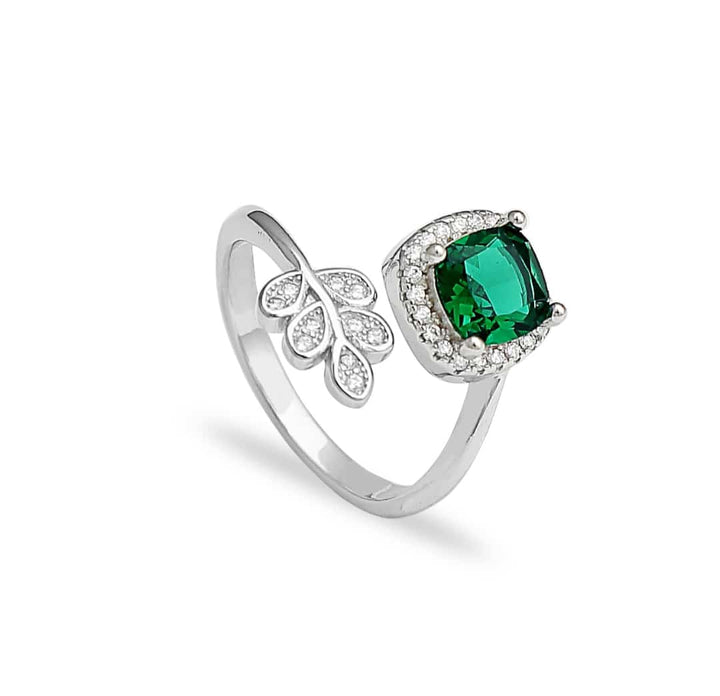 Green Stone Leaf Open Silver Ring