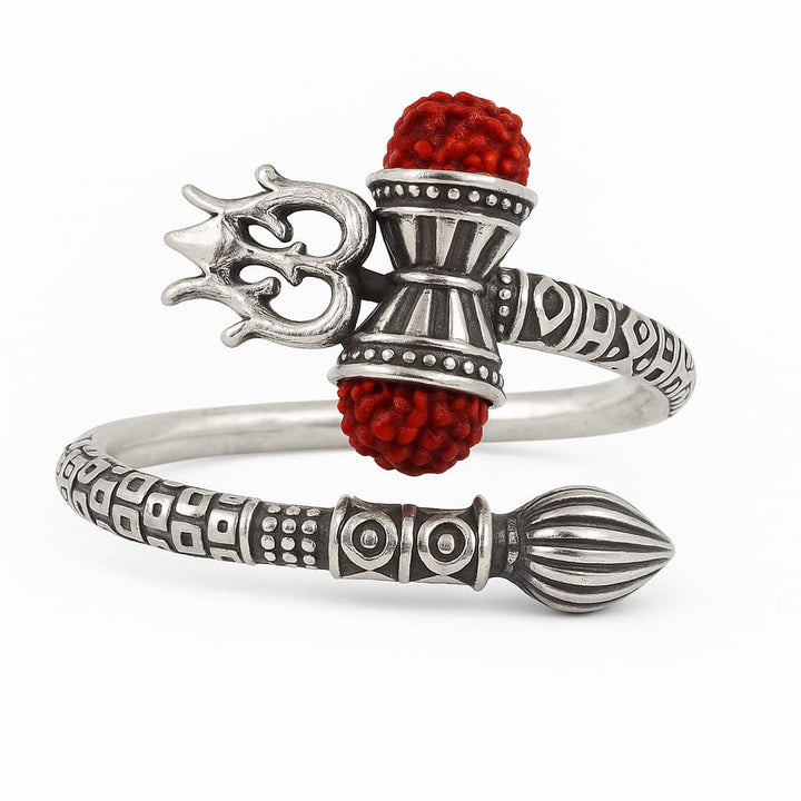 Shiva Trishul Damru ring in 925 Oxidised Silver – Rudraksha Edition