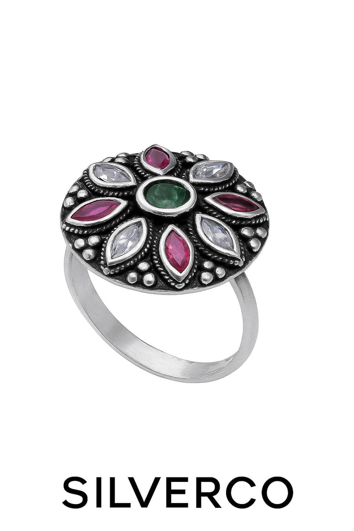 Crystal Bloom Designer Silver Ring