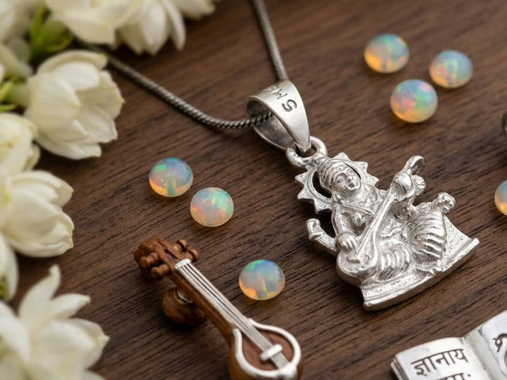 Veena Vaadini Saraswati Antique Finish Silver Pendant