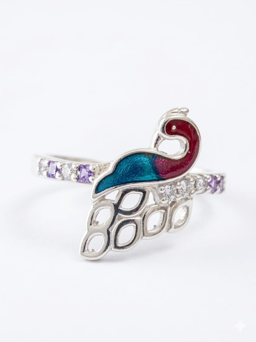 Peacock Enamel Silver Ring