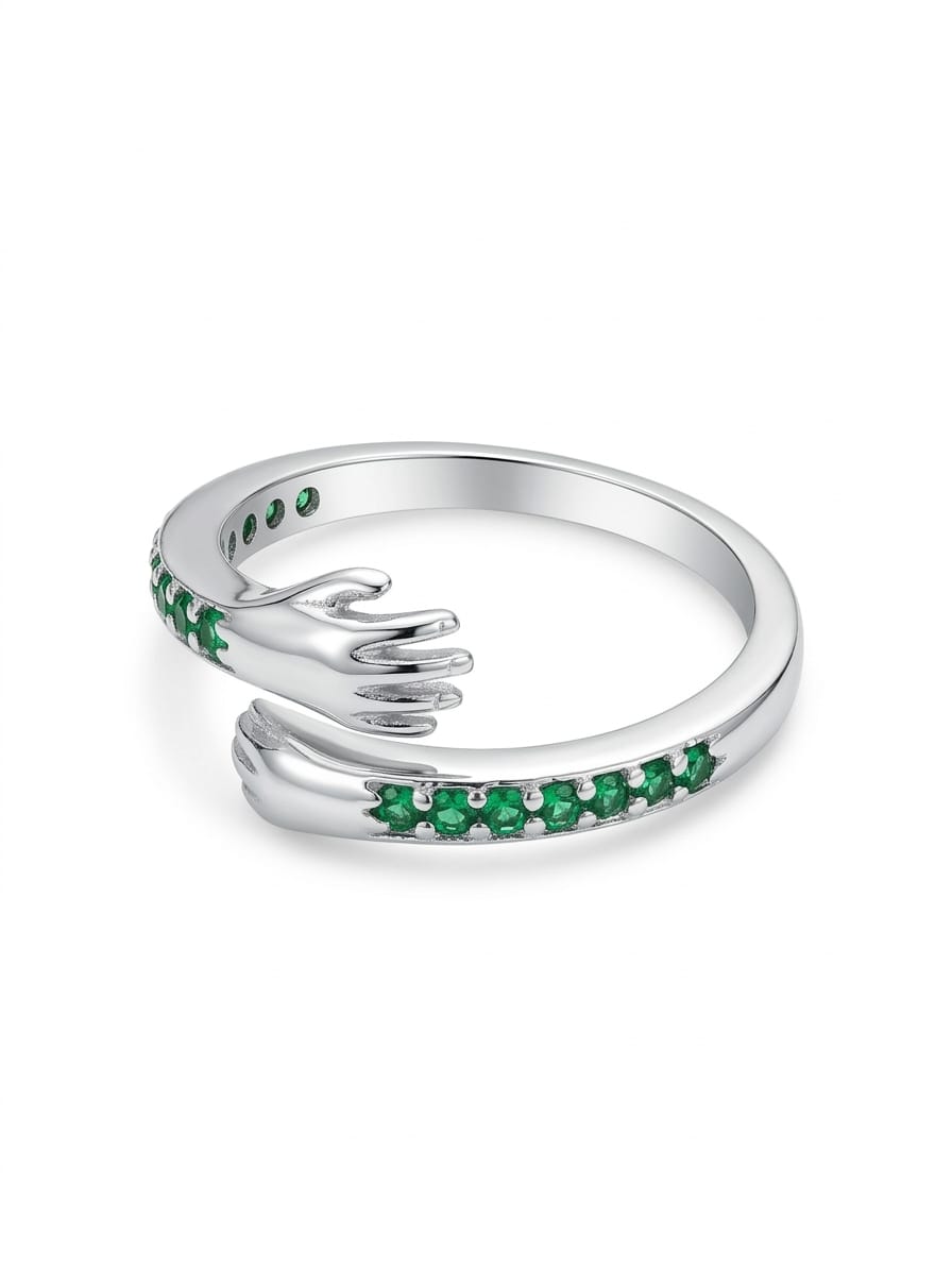 Emerald Style Hug Hands Silver Ring