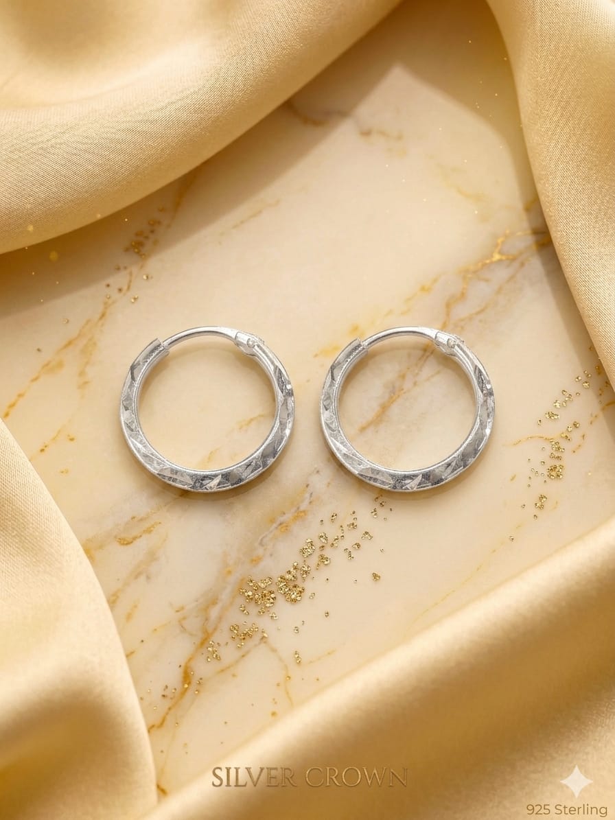Sparkle Cut 925 Sterling Silver Hoop Earrings